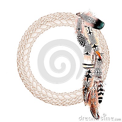 Wreath of feathers and ropes painted in watercolor on a white background, ethnic, boho Cartoon Illustration