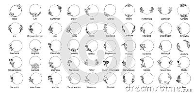 50 wreath floral ,floral,leaf,leaves, big set, collection with name round frames, hand drawn,doodle, line art for wedding, card Vector Illustration