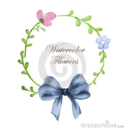 Wreath of flowers and blue bow in watercolor style with white background Stock Photo