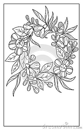 A wreath of flowers and leaves. Beautiful black and white stylized illustration for anti-stress meditation, doodle, zentangle Vector Illustration
