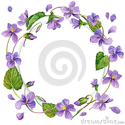 Wreath of forest violetand snd young green grass. Stock Photo