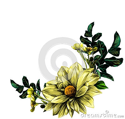 Wreath in the form of a bouquet of flower Dahlia twigs with leaves and flowers buttercups Vector Illustration