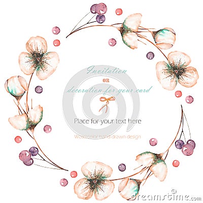 Wreath, frame with the watercolor pink abstract flowers and berries, wedding design, greeting card or invitation Stock Photo