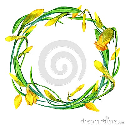 Wreath of garden flower snd young green grass. Stock Photo