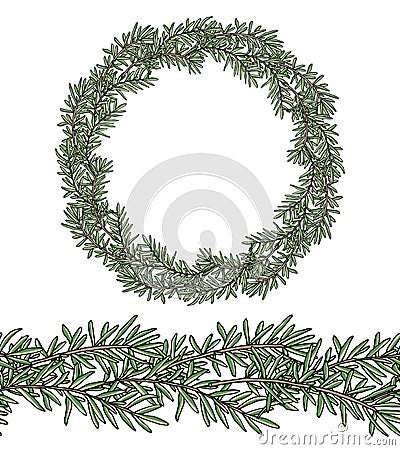 Wreath garland of branch rosemary and seamless brush or pattern for creating wreaths, patterns, etc. Beautiful circle frame, Vector Illustration