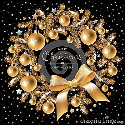 Wreath with gold and silver Christmas tree Vector Illustration