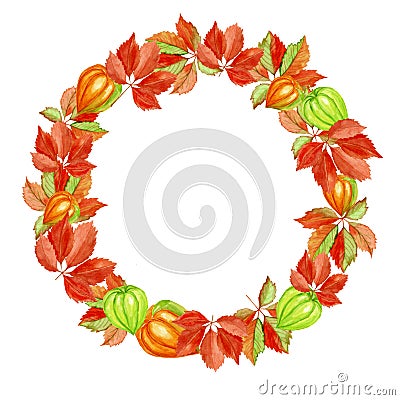 Wreath of grape leaves and physalis. Watercolor illustration isolated on white background. Hand-drawn autumn wreath Cartoon Illustration