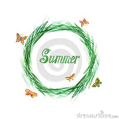 Wreath with green grass and summer lettering. Frame for greeting card or invitation Cartoon Illustration