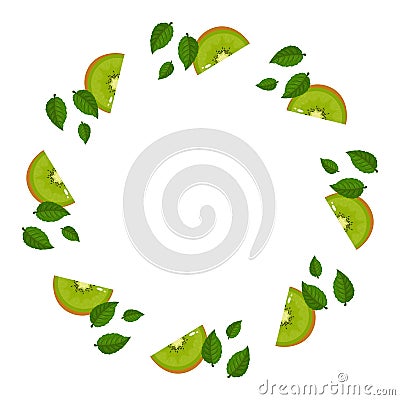 Wreath from green kiwi fruits with space for text. Cartoon organic sweet food. Summer fruits for healthy lifestyle. Vector Vector Illustration
