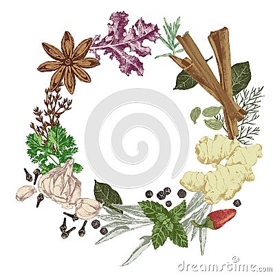 Wreath with hand drawn herbs and spices Vector Illustration