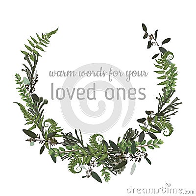 Wreath with herbs and leaves isolated on white background. Botanical illustration. Boxwood, eucalyptus, brunia, forest fern. Save Vector Illustration