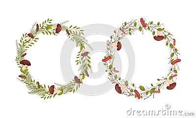 Wreath of leaves and mushrooms set. Beautiful rustic round autumn wreaths. Invitation, greeting card, banner decor Vector Illustration
