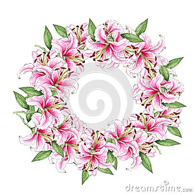 Wreath of lily flowers. Floral background. Lilies. Green leaves. Border. Flower pattern. Isolated on white background Stock Photo