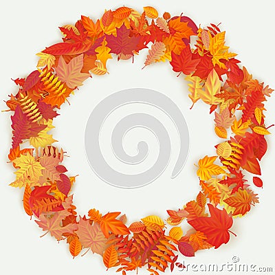 Wreath made of autumn flowers and leaves on light background. Autumn composition. EPS 10 Vector Illustration