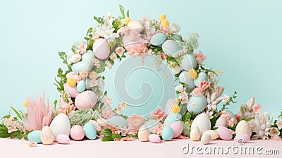 A wreath made of eggs and flowers on a pink surface, AI Stock Photo