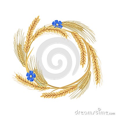 Wreath made of flax flowers, Wheat, barley, oat and rye spikes. cereals with ears, and free space Vector Illustration