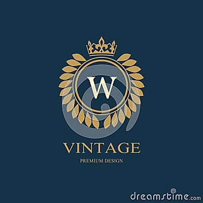 Wreath Monogram luxury design, graceful template. Floral elegant beautiful round logo with crown. Letter emblem sign W for Royalty Vector Illustration