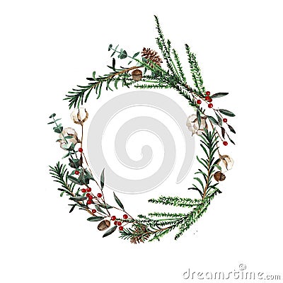 Wreath with pine branches and red berries, cotton and pine cones. Round frame for Christmas cards and winter design illustration. Vector Illustration