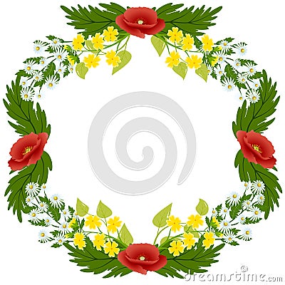 Wreath poppies, daisies, buttercups Cartoon Illustration