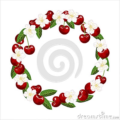 Wreath of red cherry berry, green leaves and flowers. Fruit frame, border. Vector Illustration