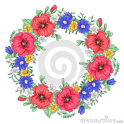 A wreath of red poppies and daisies. Hand drawing Vector illustration Cartoon Illustration