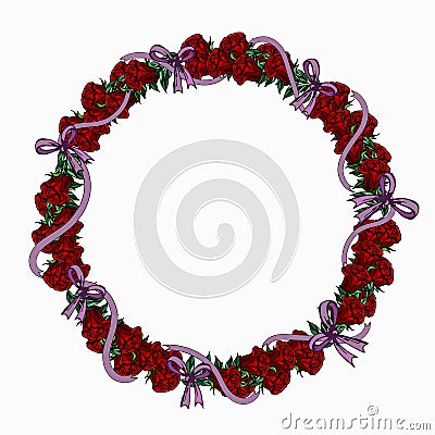 Wreath of red roses and lilac ribbons Vector Illustration