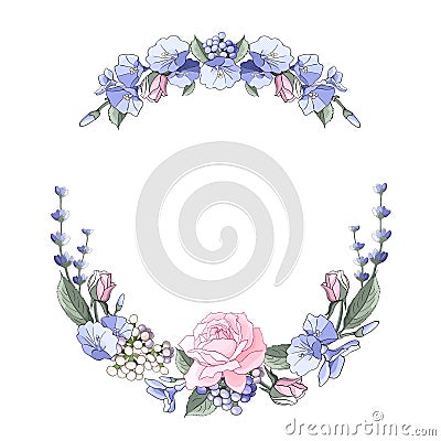 Wreath with rose, leaves, lavender. Round flower frame. Floral motif border. Editable template for design. Vector Cartoon Illustration