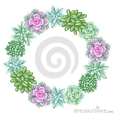 Wreath with succulents. Echeveria, Jade Plant and Donkey Tails Vector Illustration