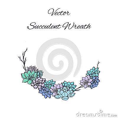 Wreath of succulents and tree branches isolated on white background Vector Illustration