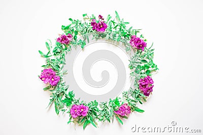 A wreath of violets on a white background. Round frame of purple flowers and fresh grass. Summer flowers. Flat lay, top view. Stock Photo