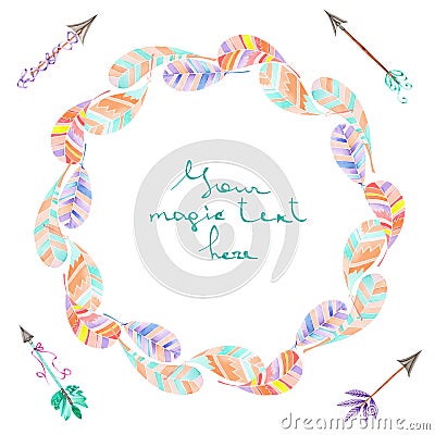 Wreath of watercolor abstract feathers and romantic arrows Stock Photo