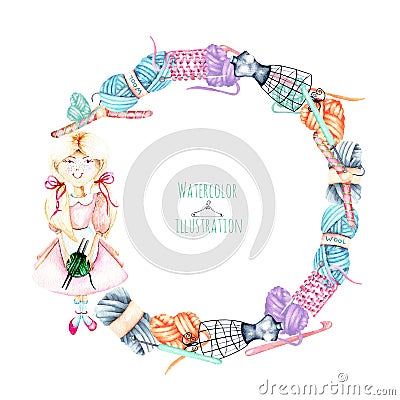 Wreath with watercolor cute Girl-needlewoman and knitting elements: yarn, knitting needles and crochet hooks Stock Photo