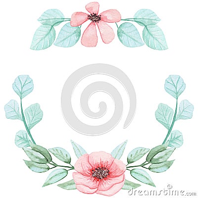 Wreath With Watercolor Flowers And Light Green Leaves Stock Photo