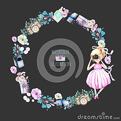 Wreath of watercolor Girl-photographer, retro cameras and floral elements Stock Photo