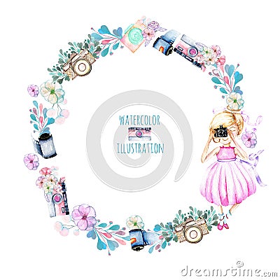 Wreath of watercolor Girl-photographer, retro cameras and floral elements Stock Photo