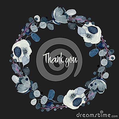 Wreath of watercolor indigo roses and other flowers and plants Stock Photo