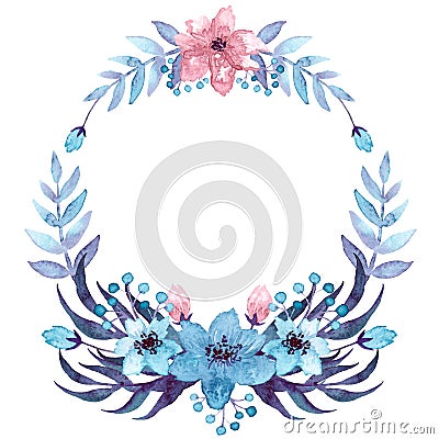 Wreath With Watercolor Light Blue And Pink Flowers Stock Photo