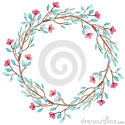 Wreath With Watercolor Little Flowers And Branches Stock Photo