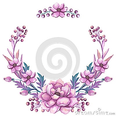 Wreath With Watercolor Pink Flowers And Berries Stock Photo