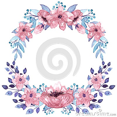 Wreath With Watercolor Pink Flowers And Light Blue Leaves Stock Photo