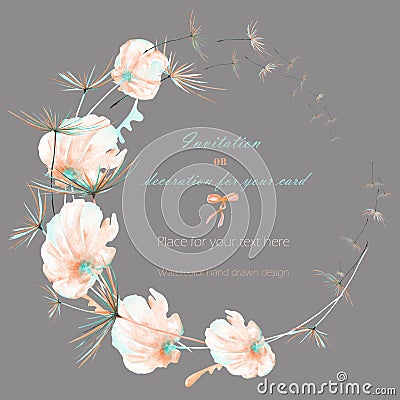 Wreath with the watercolor pink and mint air flowers and dandelion fuzzies, wedding design, greeting card or invitation Stock Photo