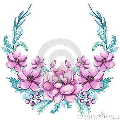 Wreath With Watercolor Pink Peonies And Blue Leaves Stock Photo