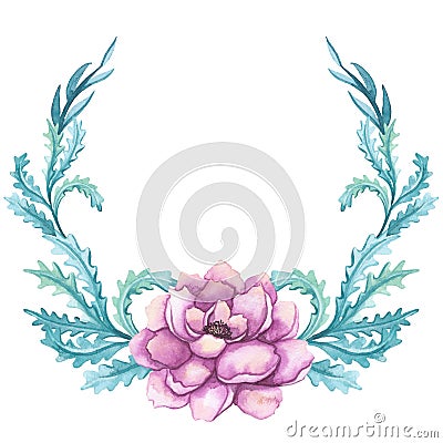 Wreath With Watercolor Pink Peony And Leaves Stock Photo