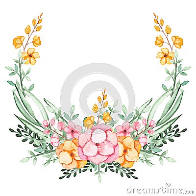 Wreath With Watercolor Pink And Yellow Flowers And Green Leaves Stock Photo