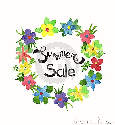 Wreath of watercolor simlpe flat flowers Cartoon Illustration