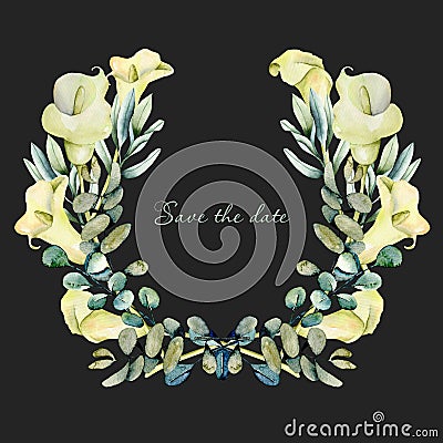 Wreath with watercolor white callas flowers and eucalyptus branches Stock Photo