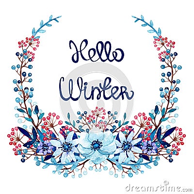 Wreath with Watercolor Winter Flowers and Berries Stock Photo