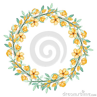 Wreath With Watercolor Yellow Flowers and Green Herbs Stock Photo