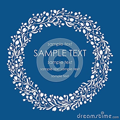 Round wreath of little white flowers on a blue background Vector Illustration
