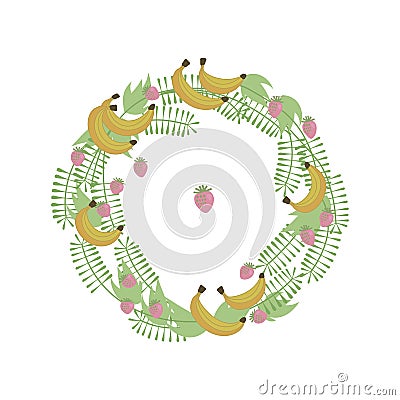 Wreath with yellow banana, pink strawberry with green leaves Vector Illustration